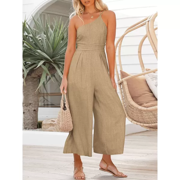 imageANRABESS Womens Summer Straps One Shoulder Pleated High Waist Casual Wide Leg Jumpsuit Romper with PocketsKahki