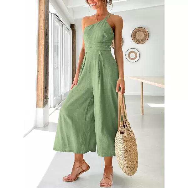 imageANRABESS Womens Summer Straps One Shoulder Pleated High Waist Casual Wide Leg Jumpsuit Romper with PocketsLight Green