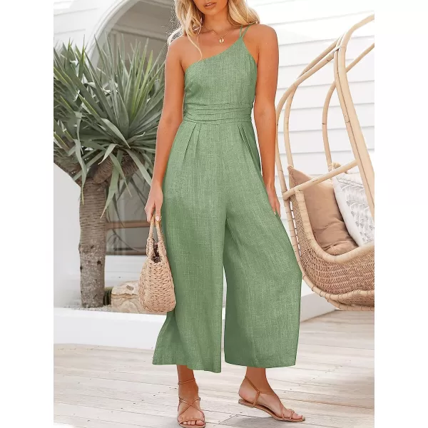 imageANRABESS Womens Summer Straps One Shoulder Pleated High Waist Casual Wide Leg Jumpsuit Romper with PocketsLight Green
