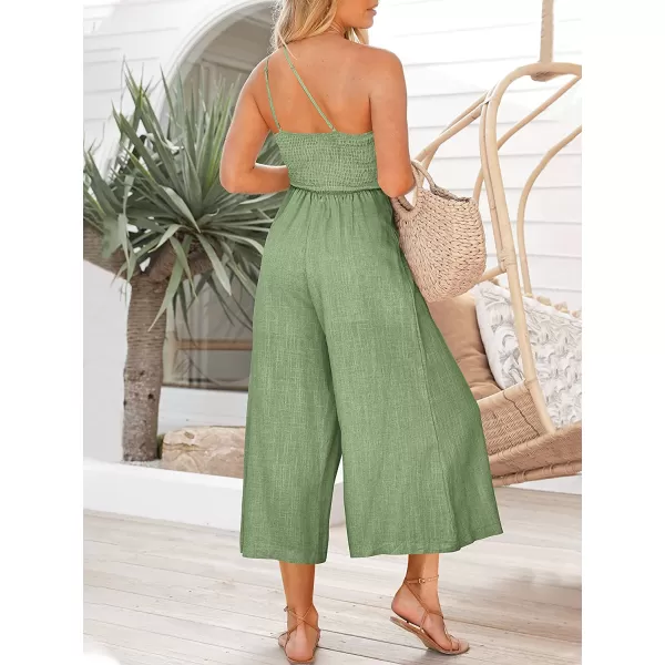 imageANRABESS Womens Summer Straps One Shoulder Pleated High Waist Casual Wide Leg Jumpsuit Romper with PocketsLight Green