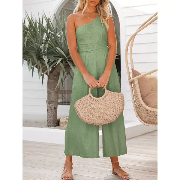 imageANRABESS Womens Summer Straps One Shoulder Pleated High Waist Casual Wide Leg Jumpsuit Romper with PocketsLight Green