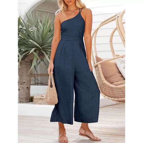 imageANRABESS Womens Summer Straps One Shoulder Pleated High Waist Casual Wide Leg Jumpsuit Romper with PocketsNavy Blue