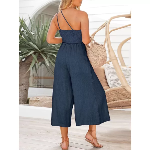 imageANRABESS Womens Summer Straps One Shoulder Pleated High Waist Casual Wide Leg Jumpsuit Romper with PocketsNavy Blue