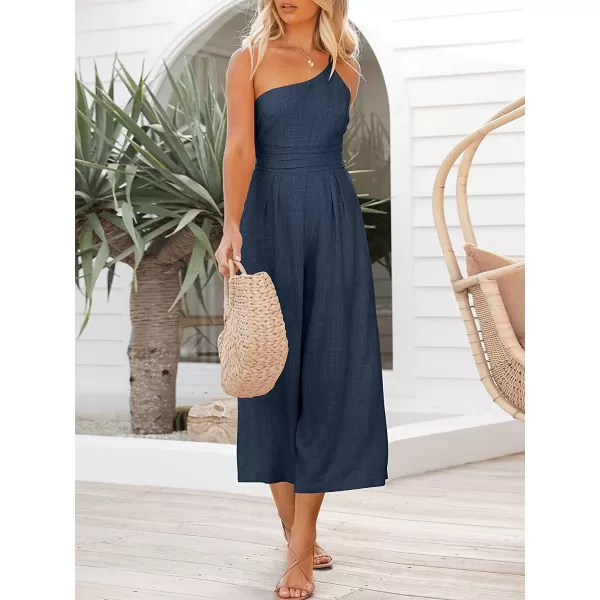 imageANRABESS Womens Summer Straps One Shoulder Pleated High Waist Casual Wide Leg Jumpsuit Romper with PocketsNavy Blue