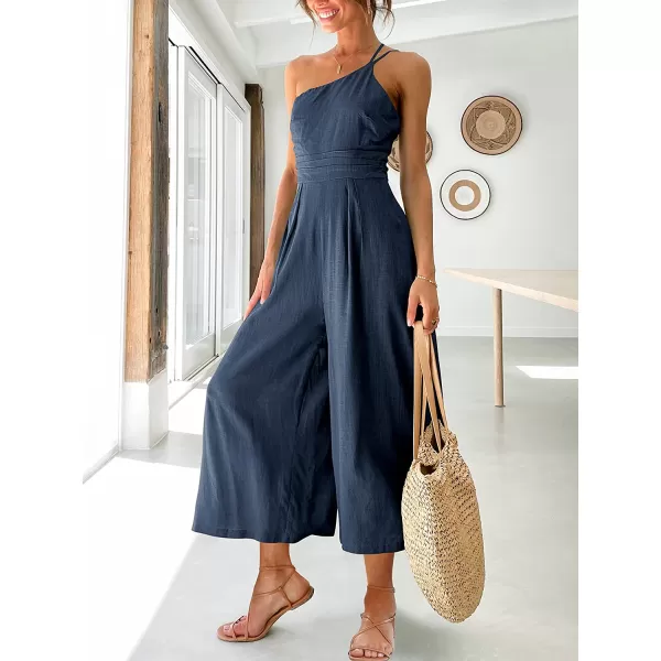 imageANRABESS Womens Summer Straps One Shoulder Pleated High Waist Casual Wide Leg Jumpsuit Romper with PocketsNavy Blue