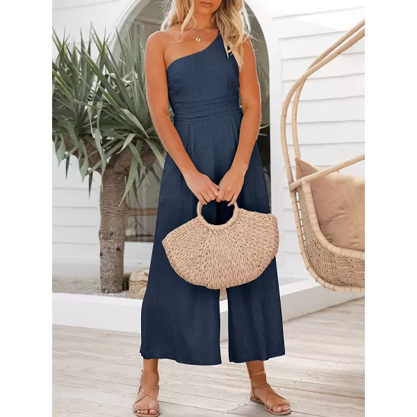 imageANRABESS Womens Summer Straps One Shoulder Pleated High Waist Casual Wide Leg Jumpsuit Romper with PocketsNavy Blue
