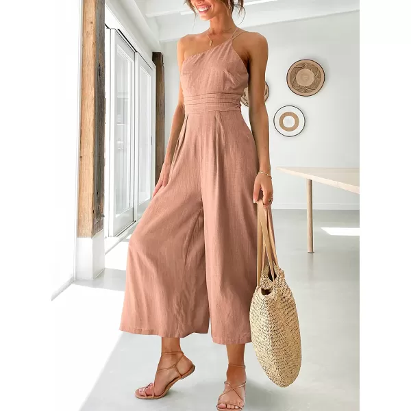 imageANRABESS Womens Summer Straps One Shoulder Pleated High Waist Casual Wide Leg Jumpsuit Romper with PocketsPink