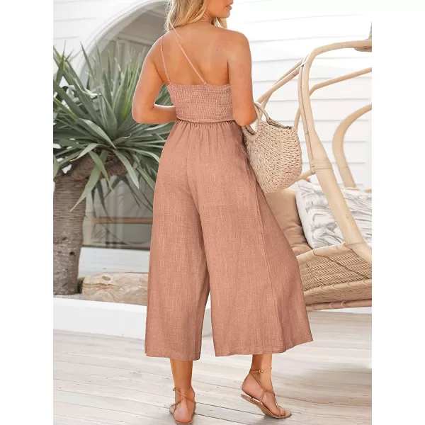 imageANRABESS Womens Summer Straps One Shoulder Pleated High Waist Casual Wide Leg Jumpsuit Romper with PocketsPink