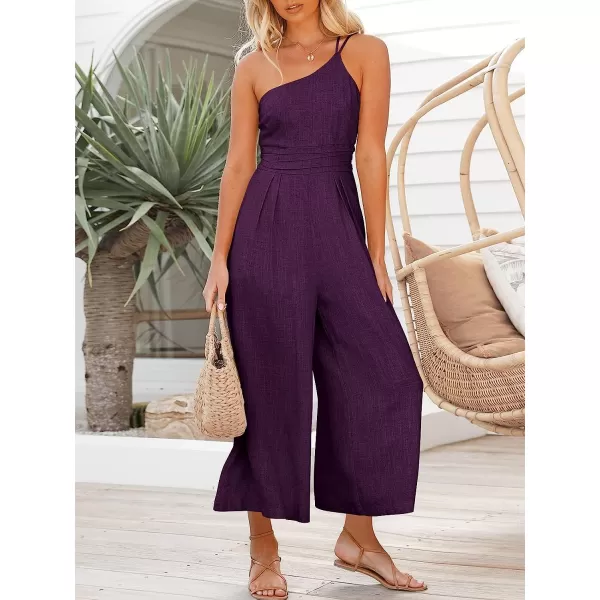 imageANRABESS Womens Summer Straps One Shoulder Pleated High Waist Casual Wide Leg Jumpsuit Romper with PocketsPurple