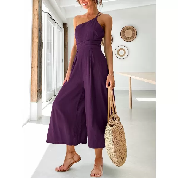 imageANRABESS Womens Summer Straps One Shoulder Pleated High Waist Casual Wide Leg Jumpsuit Romper with PocketsPurple