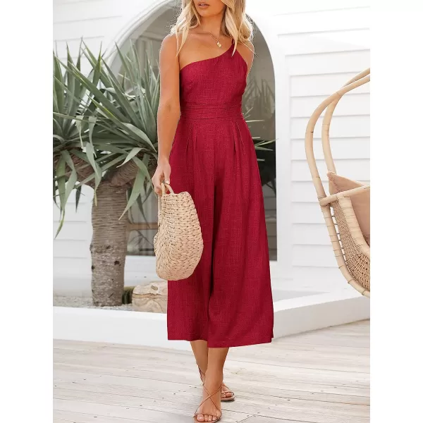 imageANRABESS Womens Summer Straps One Shoulder Pleated High Waist Casual Wide Leg Jumpsuit Romper with PocketsRed