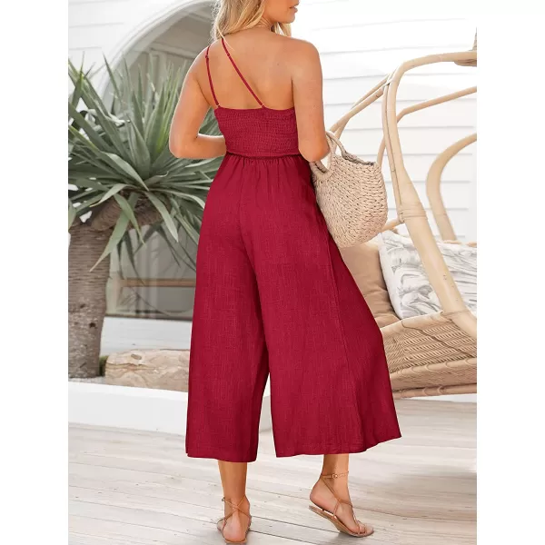 imageANRABESS Womens Summer Straps One Shoulder Pleated High Waist Casual Wide Leg Jumpsuit Romper with PocketsRed
