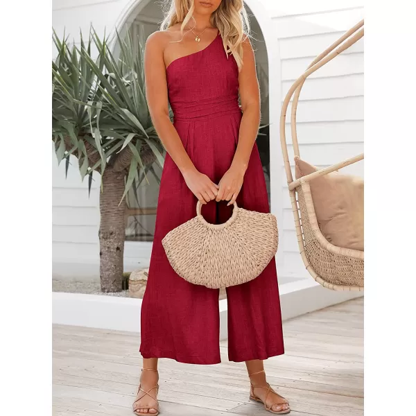 imageANRABESS Womens Summer Straps One Shoulder Pleated High Waist Casual Wide Leg Jumpsuit Romper with PocketsRed