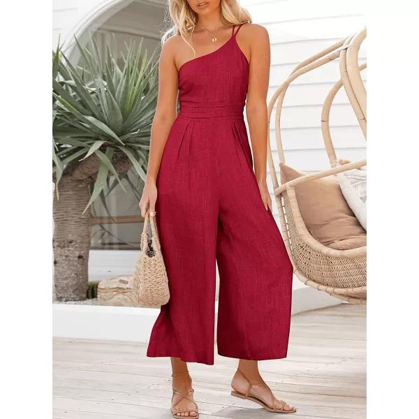 imageANRABESS Womens Summer Straps One Shoulder Pleated High Waist Casual Wide Leg Jumpsuit Romper with PocketsRed
