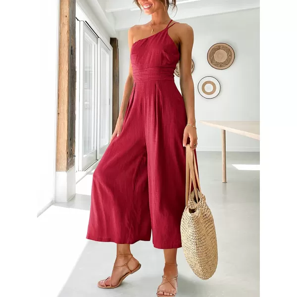 imageANRABESS Womens Summer Straps One Shoulder Pleated High Waist Casual Wide Leg Jumpsuit Romper with PocketsRed
