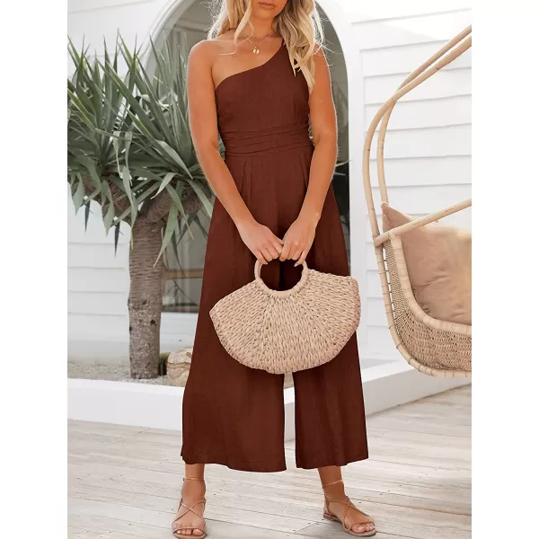 imageANRABESS Womens Summer Straps One Shoulder Pleated High Waist Casual Wide Leg Jumpsuit Romper with PocketsRedbrown