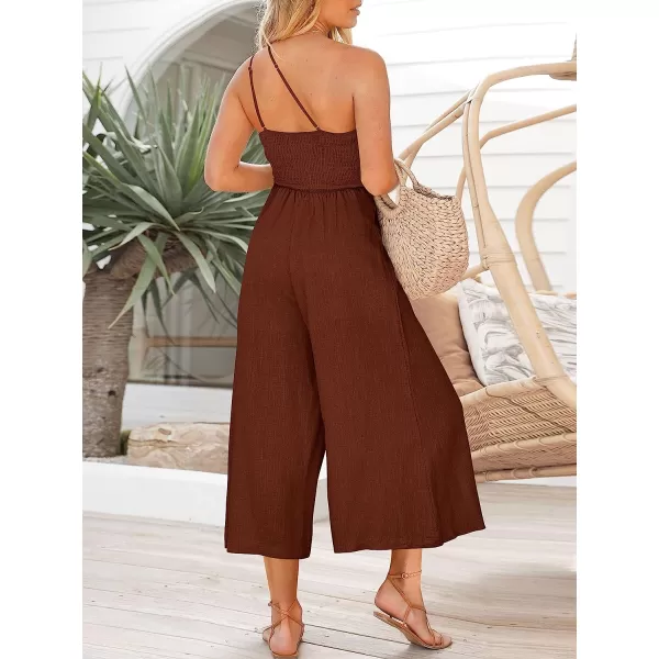 imageANRABESS Womens Summer Straps One Shoulder Pleated High Waist Casual Wide Leg Jumpsuit Romper with PocketsRedbrown