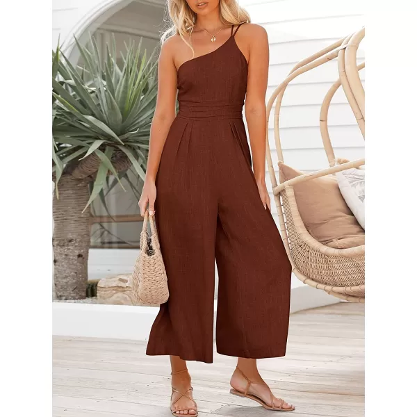 imageANRABESS Womens Summer Straps One Shoulder Pleated High Waist Casual Wide Leg Jumpsuit Romper with PocketsRedbrown