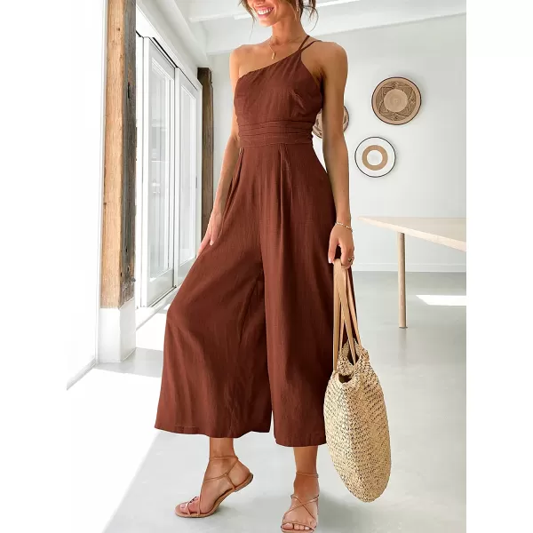 imageANRABESS Womens Summer Straps One Shoulder Pleated High Waist Casual Wide Leg Jumpsuit Romper with PocketsRedbrown