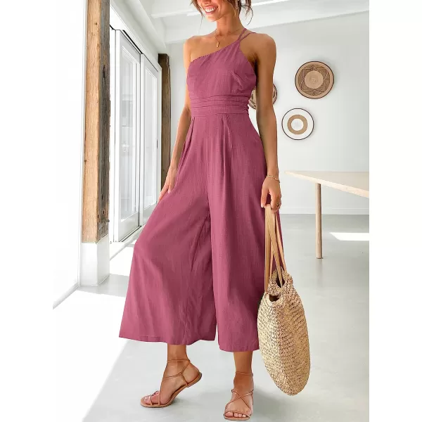 imageANRABESS Womens Summer Straps One Shoulder Pleated High Waist Casual Wide Leg Jumpsuit Romper with PocketsRose
