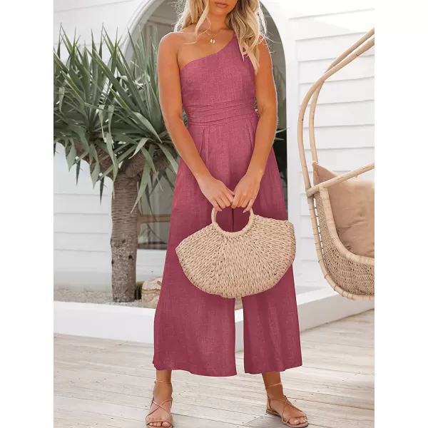 imageANRABESS Womens Summer Straps One Shoulder Pleated High Waist Casual Wide Leg Jumpsuit Romper with PocketsRose