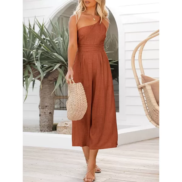 imageANRABESS Womens Summer Straps One Shoulder Pleated High Waist Casual Wide Leg Jumpsuit Romper with PocketsRust