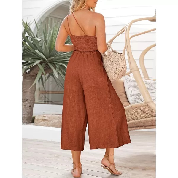 imageANRABESS Womens Summer Straps One Shoulder Pleated High Waist Casual Wide Leg Jumpsuit Romper with PocketsRust