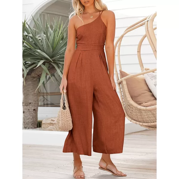 imageANRABESS Womens Summer Straps One Shoulder Pleated High Waist Casual Wide Leg Jumpsuit Romper with PocketsRust