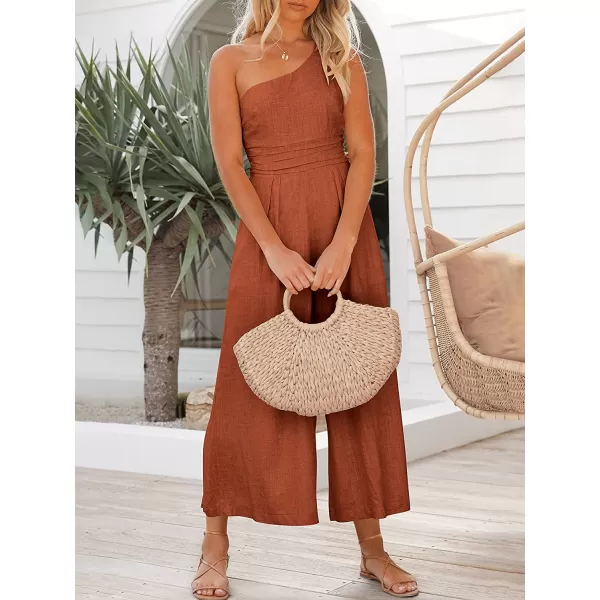 imageANRABESS Womens Summer Straps One Shoulder Pleated High Waist Casual Wide Leg Jumpsuit Romper with PocketsRust