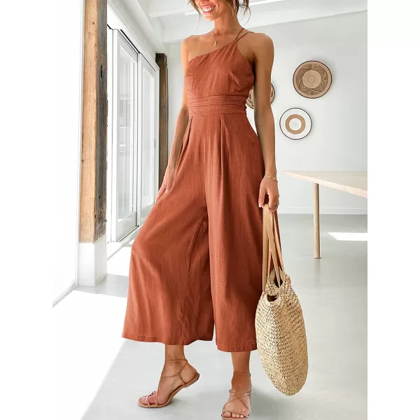 imageANRABESS Womens Summer Straps One Shoulder Pleated High Waist Casual Wide Leg Jumpsuit Romper with PocketsRust