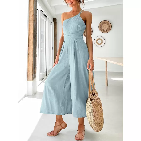 imageANRABESS Womens Summer Straps One Shoulder Pleated High Waist Casual Wide Leg Jumpsuit Romper with PocketsSky Blue