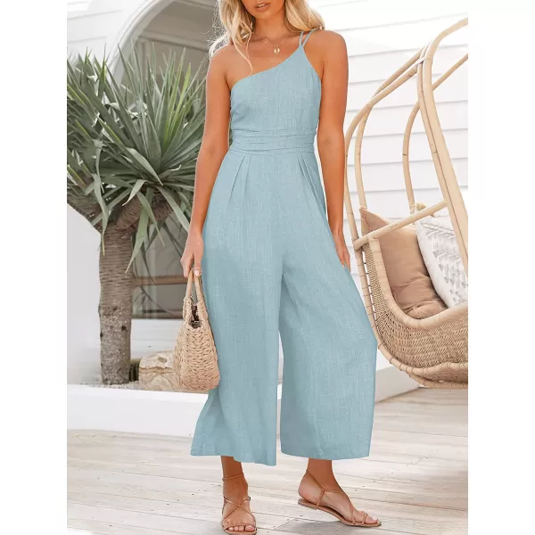 imageANRABESS Womens Summer Straps One Shoulder Pleated High Waist Casual Wide Leg Jumpsuit Romper with PocketsSky Blue
