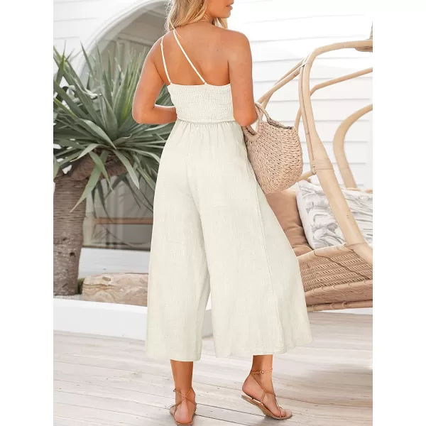 imageANRABESS Womens Summer Straps One Shoulder Pleated High Waist Casual Wide Leg Jumpsuit Romper with PocketsWhite