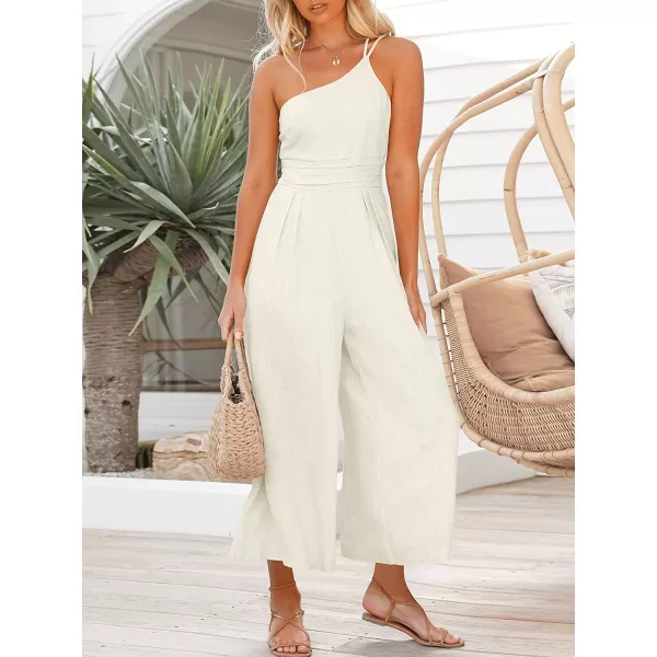 imageANRABESS Womens Summer Straps One Shoulder Pleated High Waist Casual Wide Leg Jumpsuit Romper with PocketsWhite