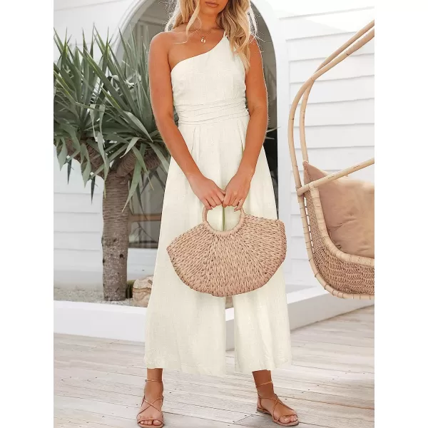 imageANRABESS Womens Summer Straps One Shoulder Pleated High Waist Casual Wide Leg Jumpsuit Romper with PocketsWhite