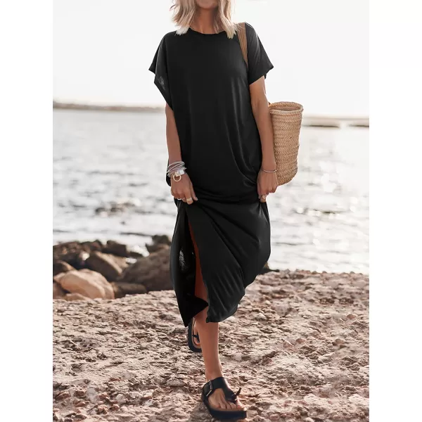 imageANRABESS Womens Summer TShirt Maxi Dress Batwing Sleeve Crewneck Casual Loose Slit Side Long Beach DressesBlack