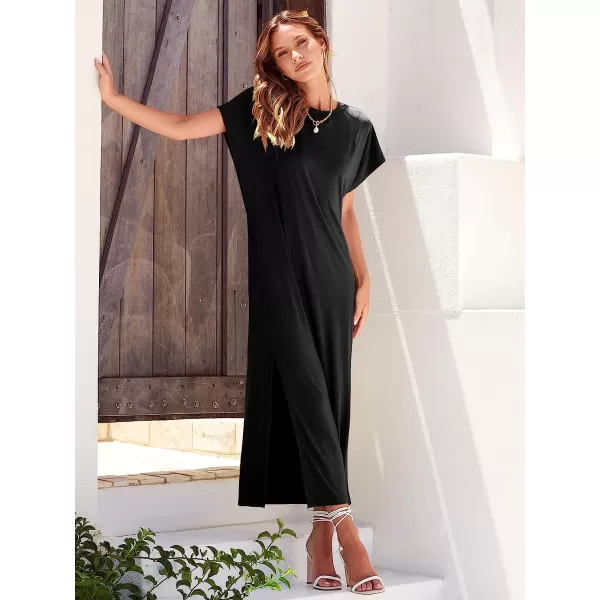 imageANRABESS Womens Summer TShirt Maxi Dress Batwing Sleeve Crewneck Casual Loose Slit Side Long Beach DressesBlack