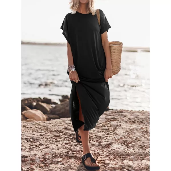 imageANRABESS Womens Summer TShirt Maxi Dress Batwing Sleeve Crewneck Casual Loose Slit Side Long Beach DressesBlack