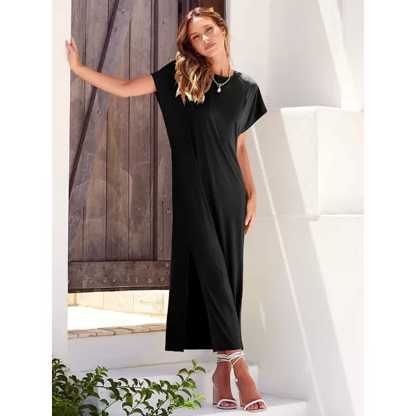 imageANRABESS Womens Summer TShirt Maxi Dress Batwing Sleeve Crewneck Casual Loose Slit Side Long Beach DressesBlack