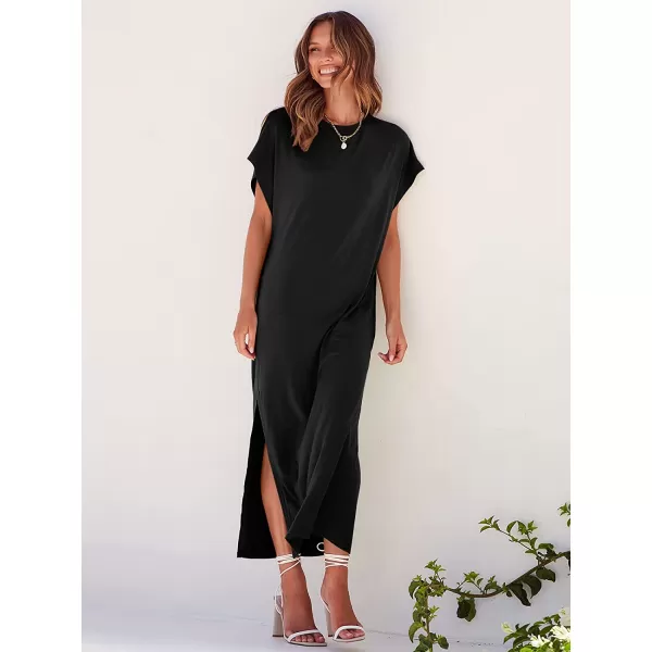 imageANRABESS Womens Summer TShirt Maxi Dress Batwing Sleeve Crewneck Casual Loose Slit Side Long Beach DressesBlack