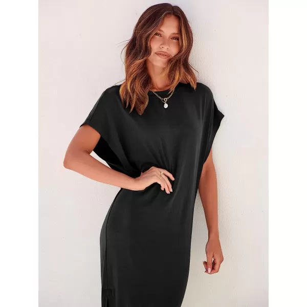 imageANRABESS Womens Summer TShirt Maxi Dress Batwing Sleeve Crewneck Casual Loose Slit Side Long Beach DressesBlack