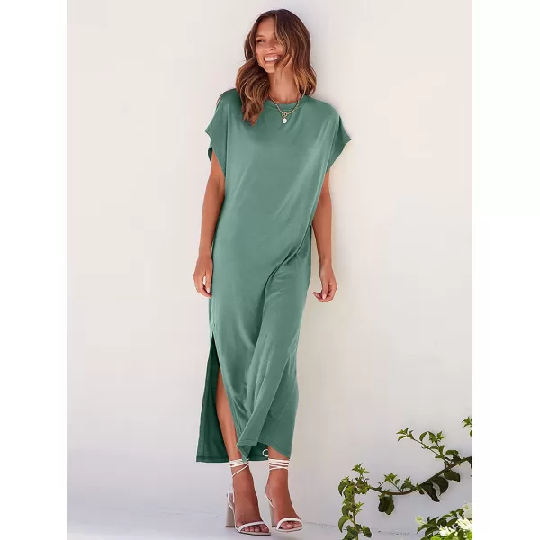 imageANRABESS Womens Summer TShirt Maxi Dress Batwing Sleeve Crewneck Casual Loose Slit Side Long Beach DressesCyan
