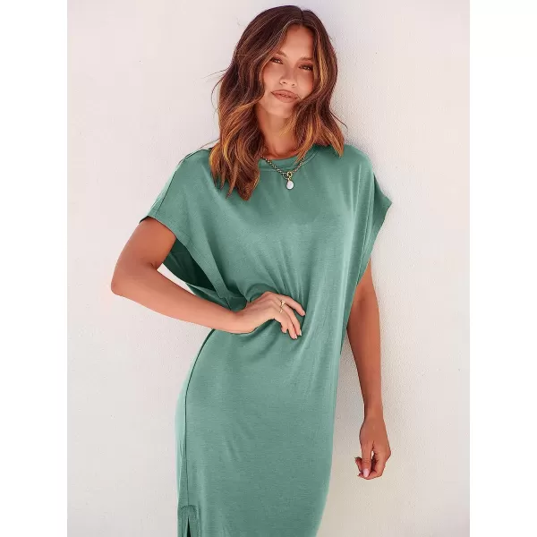 imageANRABESS Womens Summer TShirt Maxi Dress Batwing Sleeve Crewneck Casual Loose Slit Side Long Beach DressesCyan