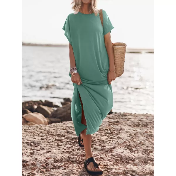imageANRABESS Womens Summer TShirt Maxi Dress Batwing Sleeve Crewneck Casual Loose Slit Side Long Beach DressesCyan