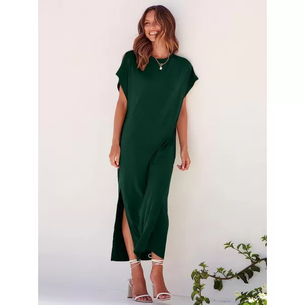 imageANRABESS Womens Summer TShirt Maxi Dress Batwing Sleeve Crewneck Casual Loose Slit Side Long Beach DressesDark Green
