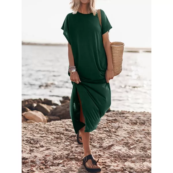 imageANRABESS Womens Summer TShirt Maxi Dress Batwing Sleeve Crewneck Casual Loose Slit Side Long Beach DressesDark Green