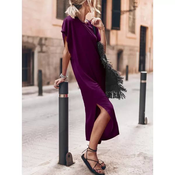 imageANRABESS Womens Summer TShirt Maxi Dress Batwing Sleeve Crewneck Casual Loose Slit Side Long Beach DressesDark Purple