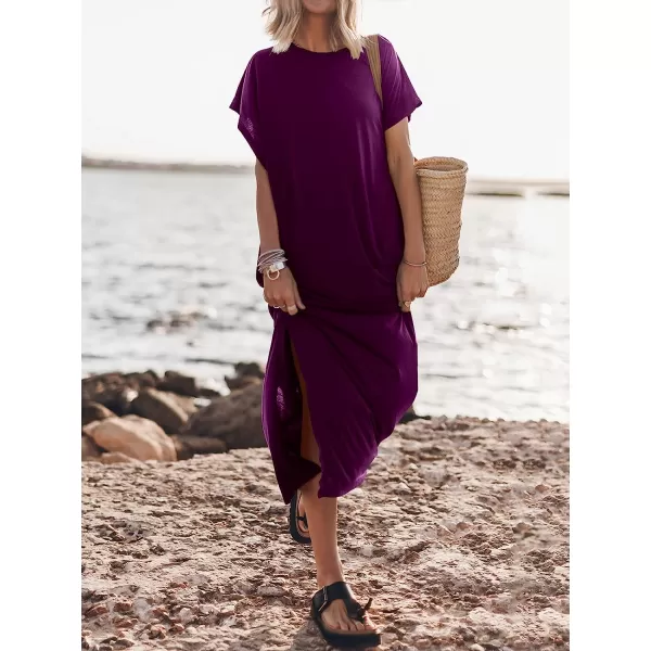 imageANRABESS Womens Summer TShirt Maxi Dress Batwing Sleeve Crewneck Casual Loose Slit Side Long Beach DressesDark Purple