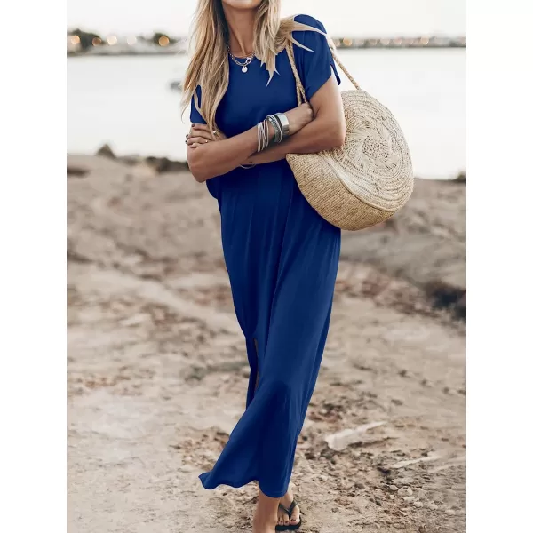 imageANRABESS Womens Summer TShirt Maxi Dress Batwing Sleeve Crewneck Casual Loose Slit Side Long Beach DressesDeep Blue