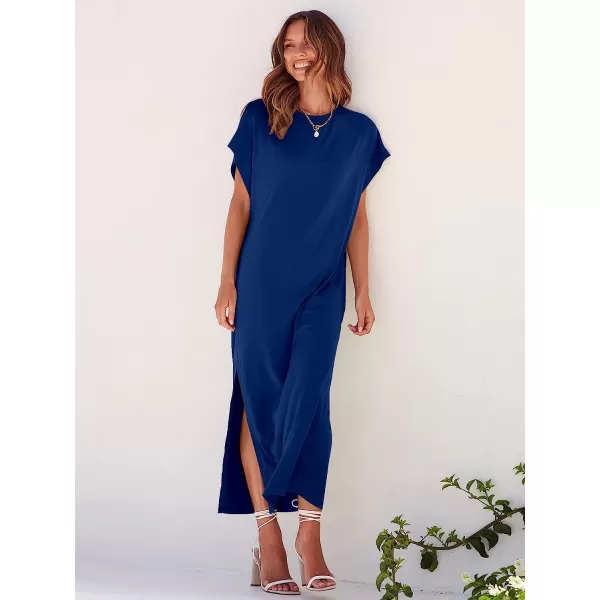 imageANRABESS Womens Summer TShirt Maxi Dress Batwing Sleeve Crewneck Casual Loose Slit Side Long Beach DressesDeep Blue
